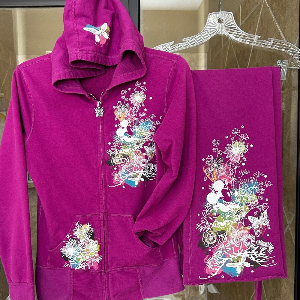 Walt Disney World Floral Bedazzled Zip Hoodie and Pants Sweatsuit Set Like New